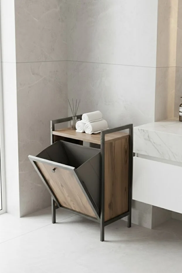 Metal Ahşap Banyo Düzenleyici Çamaşır Sepeti - Kirli Sepeti Ahşap Banyo Dolabı - Banyo Rafı